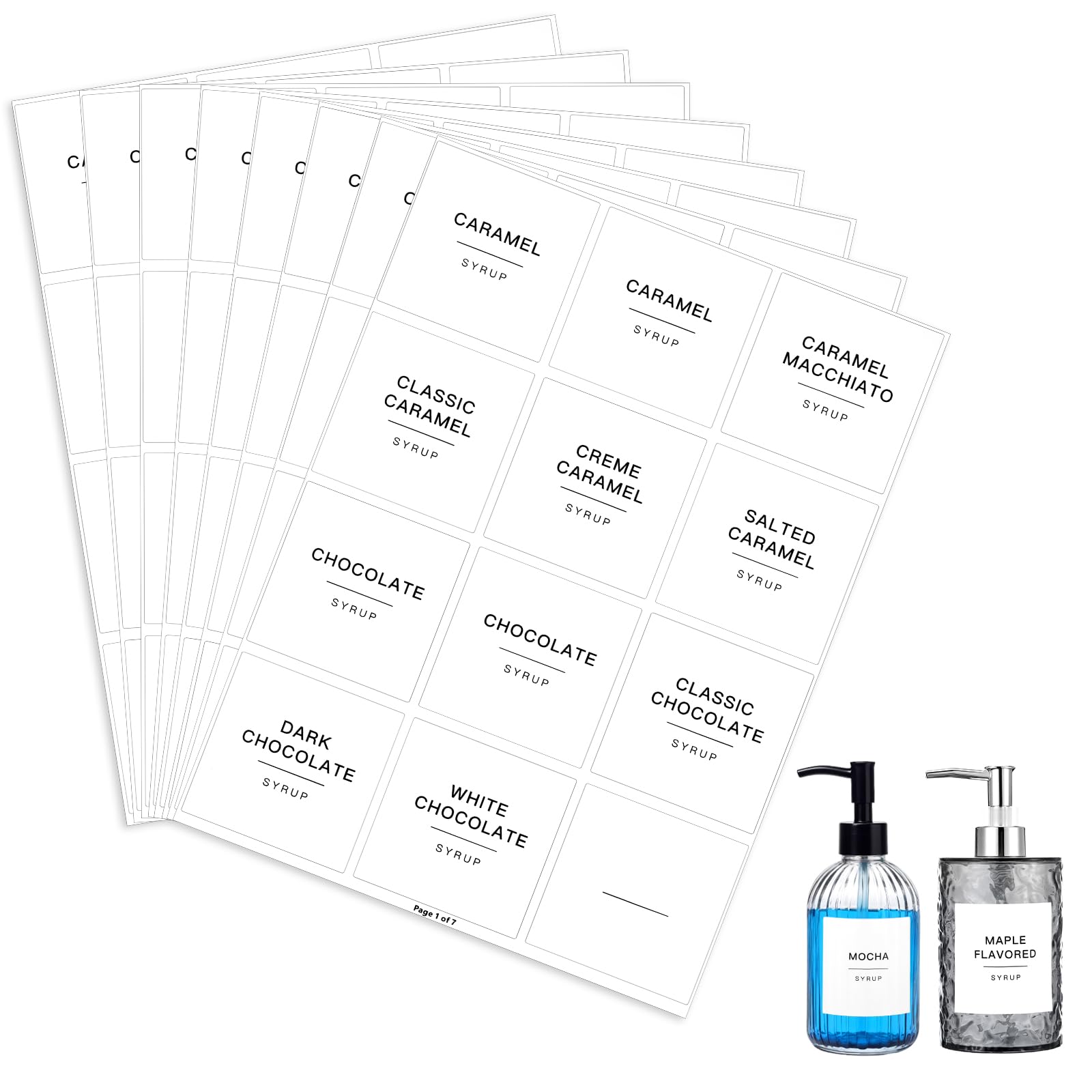Photo 1 of HJZHII 84Pcs Coffee Syrup Labels, Waterproof Coffee Syrup Label Stickers Self-Adhesive White Minimalist Kitchen Food Label Preprinted Jar Labels for Bottles Bar Containers Dispenser,2.5 * 2.5in