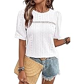 Dokotoo Women's Hollow Out Lace Crewneck Short Sleeve Tops Breathable Summer Casual Beach T-Shirt Vacation Blouses