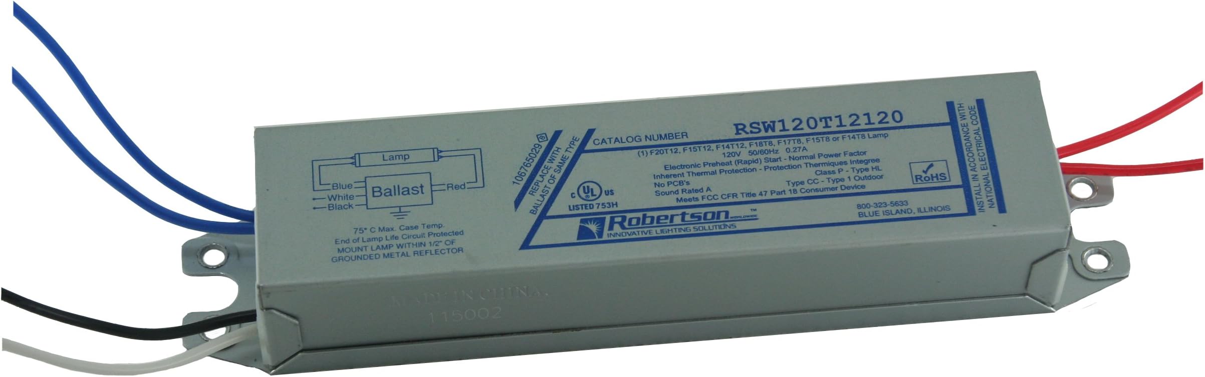 ROBERTSON 3P20046 RSW120T12120 /A eBallast, Preheat Rapid Start, 1 Lamp, T8 and T12 (F20T12), NPF, 120Vac.