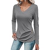 Micticsi Womens V Neck Long Sleeve T Shirts Ruched Tops Casual Loose Fit Tees Fall Fashion Outfits 2025