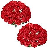 GnFlus Red Roses Artificial Flowers, 2 Pack Rose Fake Flower Bouquets Realistic Faux Silk Flowers for Vase Bridal Bouquet Wedding Centerpieces Arrangements Home Décor