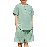 Arshiner Toddler Boy Summer Outfits Short Sleeve Henley T-Shirt & Shorts Set with Pocket for 2-8 Years Kids
