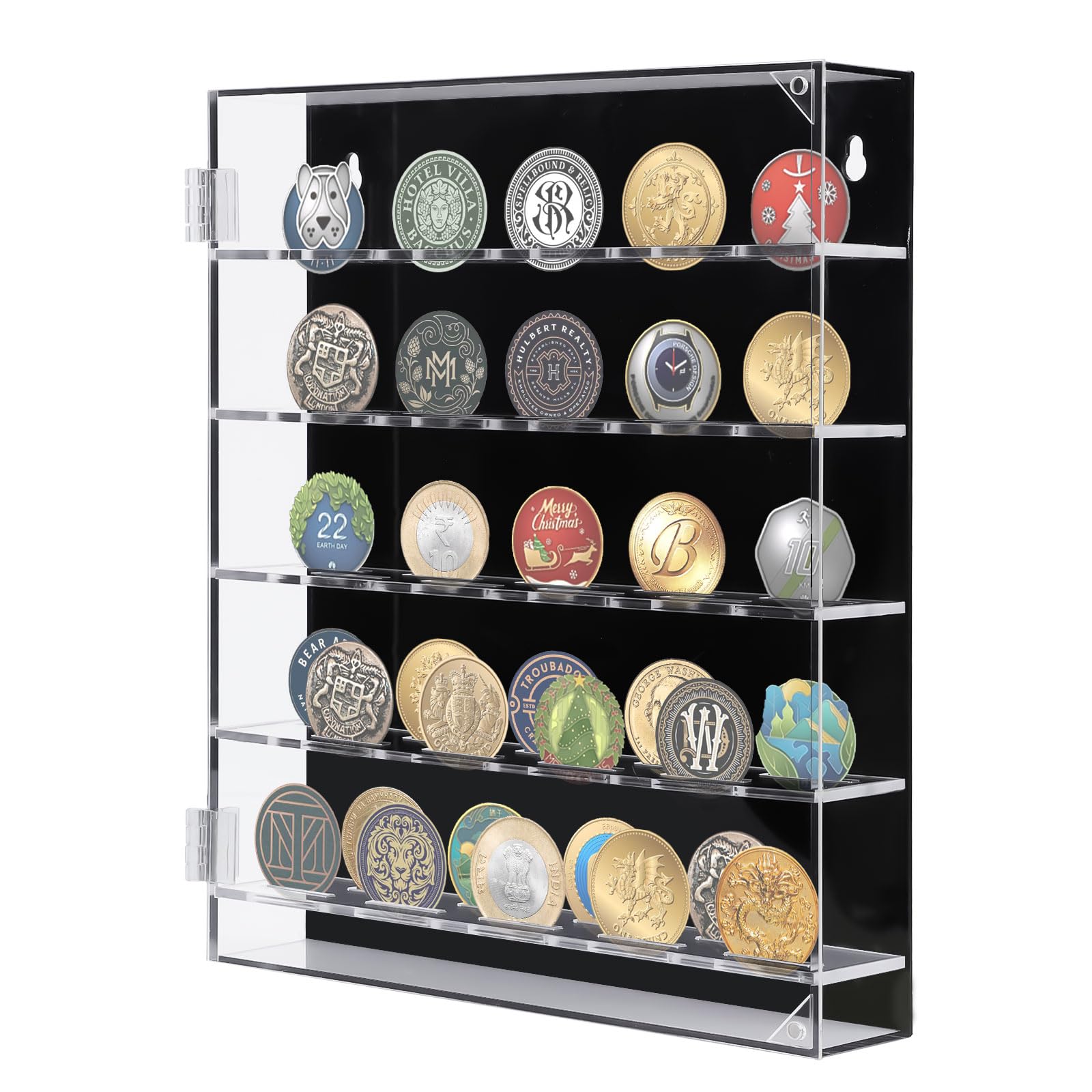Military Challenge Coin Display Case, Acrylic Cabinet Rack Holder, Coin Display Case with Removable Grooves Shelves and Anti Fade Magnetic Door, Coin Box fits 45 Military Medals Casino Poker Chip