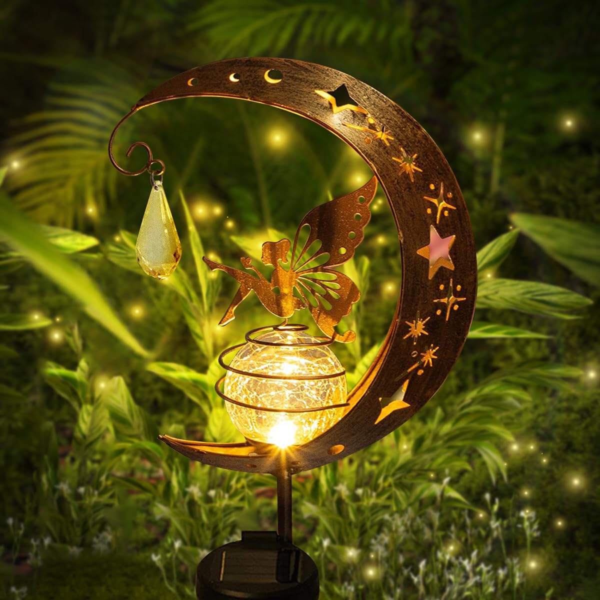 Solar Moon Lights Outdoor Garden Ornaments - Solar Garden Ornaments Fairy Waterproof Moon Star Crackle Glass Ball Stake Metal Light Stake Light Solar Powered LED Lights for Patio, Balcony, Yard Decor
