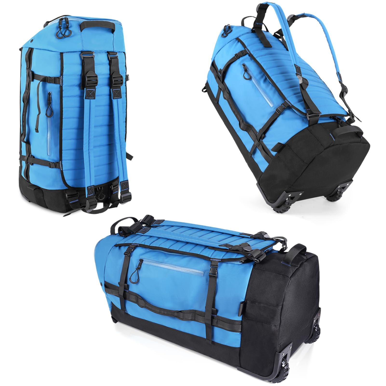 Photo 1 of CONTAIL 86L Foldable Wheeled Duffel Backpack with Padded Quilted Bottom, Waterproof Collapsible Travel Duffle Bag with Extended Web Handles,No Telescope Handle,Blue