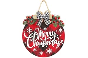 CPWGSM OscenLife Merry Christmas Decorations Wreath, Merry Christmas Buffalo Plaid Hanging Sign Rustic Wooden Holiday Decor for Front Door Porch Home Window Wall Farmhouse Indoor Outdoor Decorations
