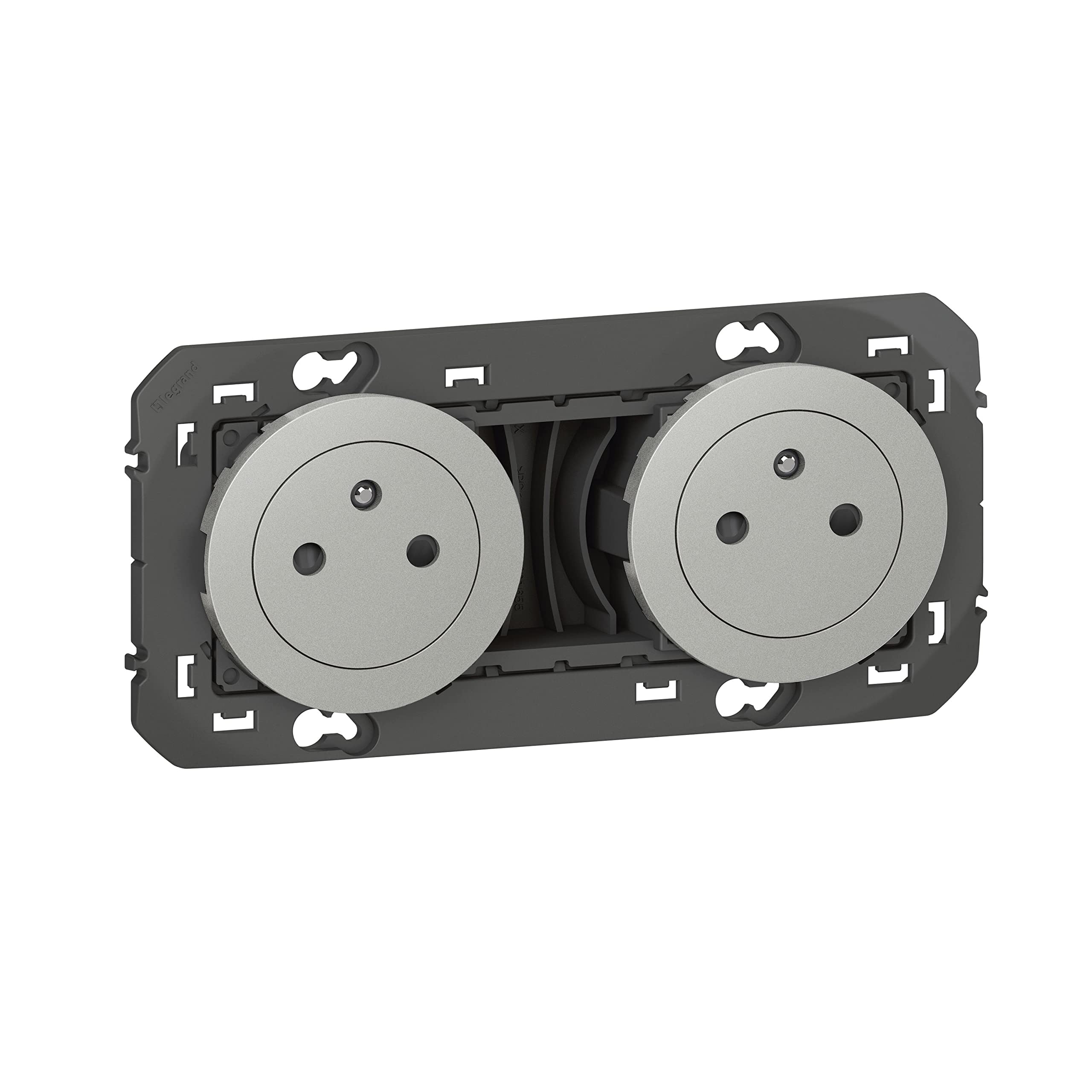 Legrand LEG95248 2X2P Double Socket 2P + T Pre-Wired Dooxie Surface 16A Aluminium Finish Blister Packaging, Aluminium