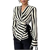SOLY HUX Women's Tie Front Wrap Tops Striped Long Sleeve Shirt V Neck Dressy Casual Blouses