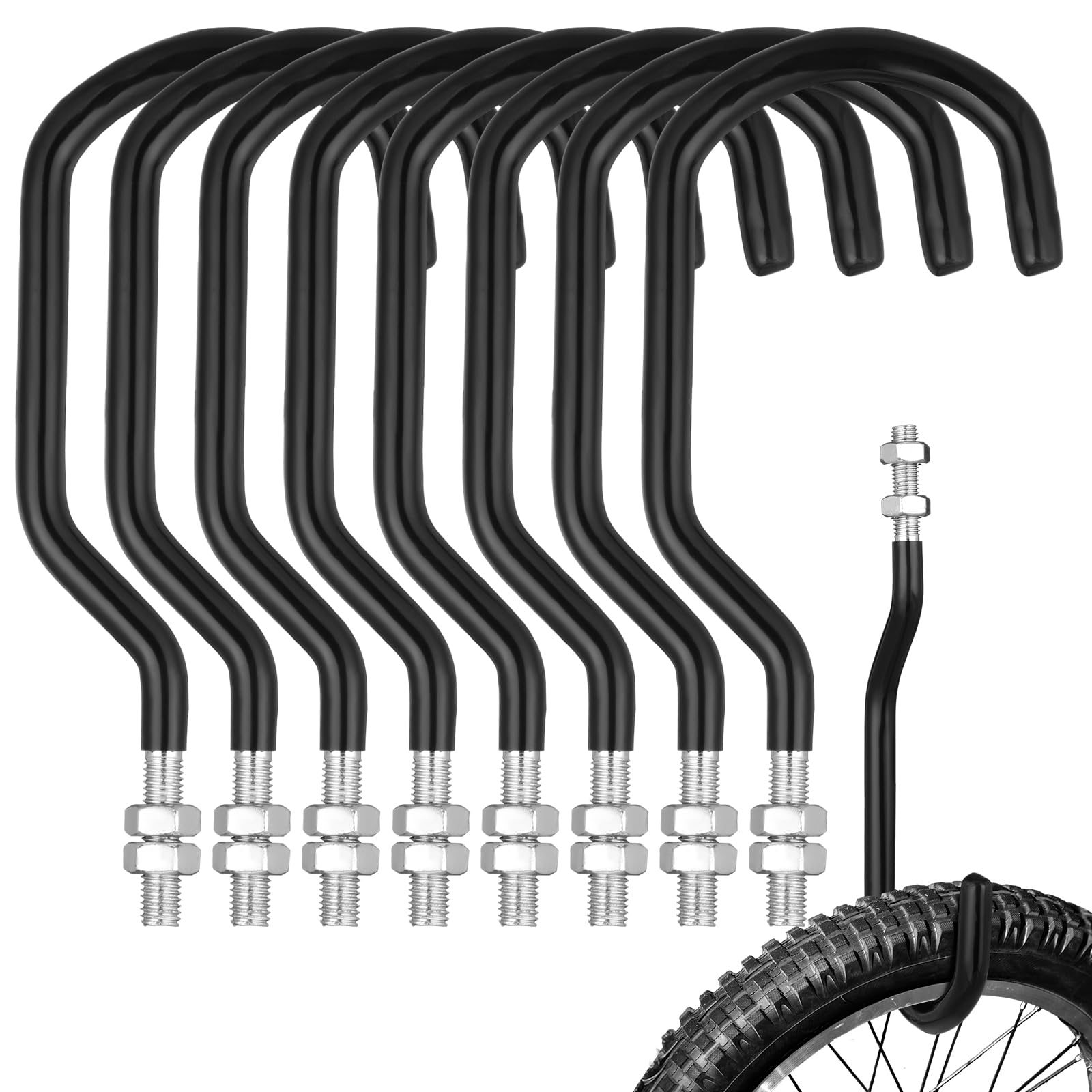 Photo 1 of Shimeyao 8 Pcs Machine Thread Bicycle Storage Hook with Nut Heavy Duty Bike Hooks M10 x 1.5 Machine Threading Hook Rubber Coated Bicycle Hanger for Hanging Large Mountain Bike Tire (3.15 Inch,Black)