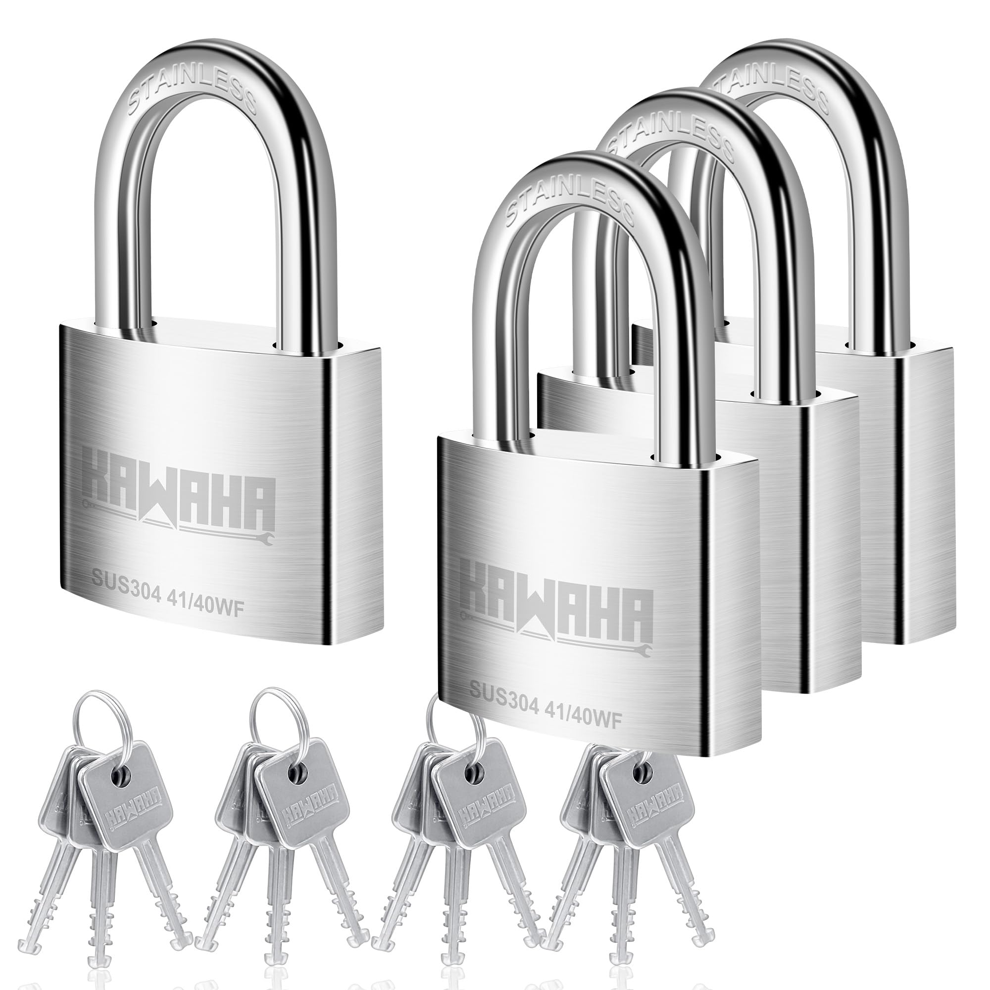 KAWAHA 41/40-4PS High Security Stainless Steel Padlock with Stainless Steel Key for Indoor and Outdoor Use (Robust, Rust-Free) (40mm, Keyed Alike, 4 Pack)