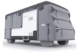 KING BIRD Oxford Fabric Class C RV Cover, 600D Oxford Camper Cover 26-29 ft Tearproof Waterproof Windproof Travel Trailer Cover with 2Pcs Extra Straps, 6 Gutter Covers & 4 Tire Covers