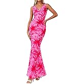 PRETTYGARDEN Women's Summer Wedding Guest Dress 2026 Spring Cowl Neck Mesh Bodycon Formal Cocktail Party Floral Maxi Dresses