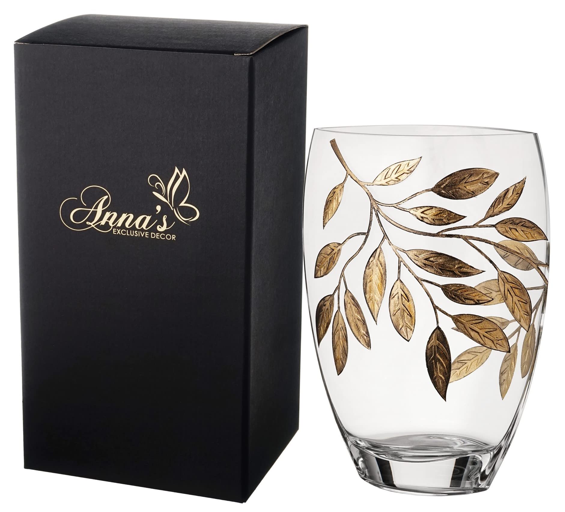 Luxury Large Hand Blown Glass Vase - Decorated with Etched, Painted Leaves - Elegant Gift Box - Clear Glass Centerpiece for Home Decor - 30 cm (11.8 in) (Gold)
