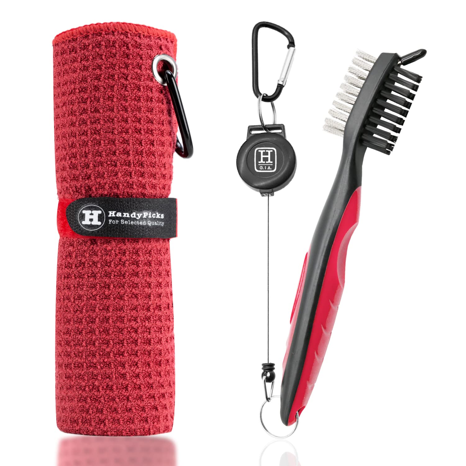 Handy Picks Golf Towel Microfiber Waffle Pattern Golf Towel (Easy Storage) with Carabiner - Club Brush with Club Groove Cleaner and Retractable Clip - Essential Golf Combo Cleaning Kit (Red)
