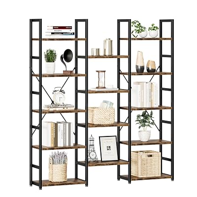 NUMENN Triple Column 5 Tier Bookshelf, Bookcase with 14 Open Display Shelves, Adjustable Rustic Industrial Style Book Shelves, Modern Bookshelves for Bedroom, Living Room and Home Office, Vintage