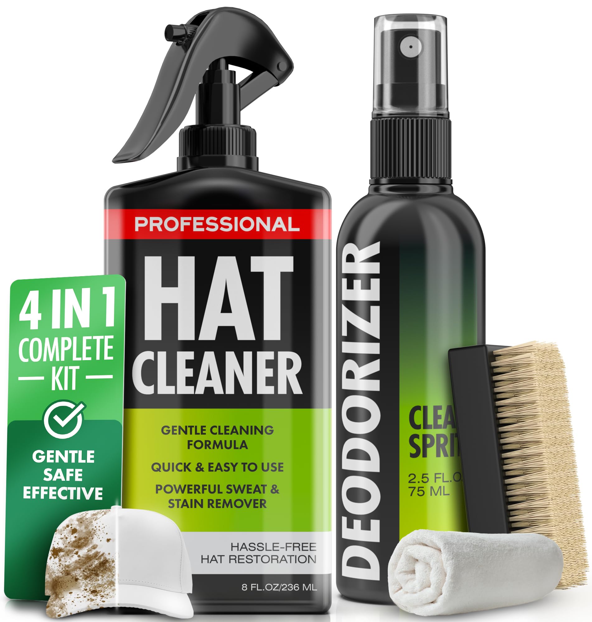 Photo 1 of 4-in-1 Professional Hat Cleaning Kit - Removes Dirt and Stains, Gentle Hat Cleaner for Baseball Caps, Fitted Cowboy, & Felt Hats, Complete Hat Cleaner with Hat Deodorizer, Brush & Microfiber Cloth