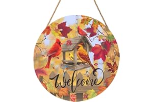 Harooni Fall Cardinal Sign for Front Door Decor, Autumn Maple Leaves Wood Door Hanger for Outdoor Outside Porch, Thanksgiving Farmhouse Wooden Wreath Indoor Wall Hanging Decoration 12"x12"