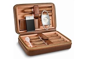 LEACHOI Cigar Humidor, Leather Cigar Case with Cedar Wood Lined, Portable Travel Cigar Humidor with Lighter and Cutter, Cigar Accessory Set, Cigar Gift Set - Brown