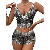 Lilosy Sexy Lace Pajamas Lingerie Set High Waist Sheer Sleepwear Bow Ties Cami Shorts Bra and Panty