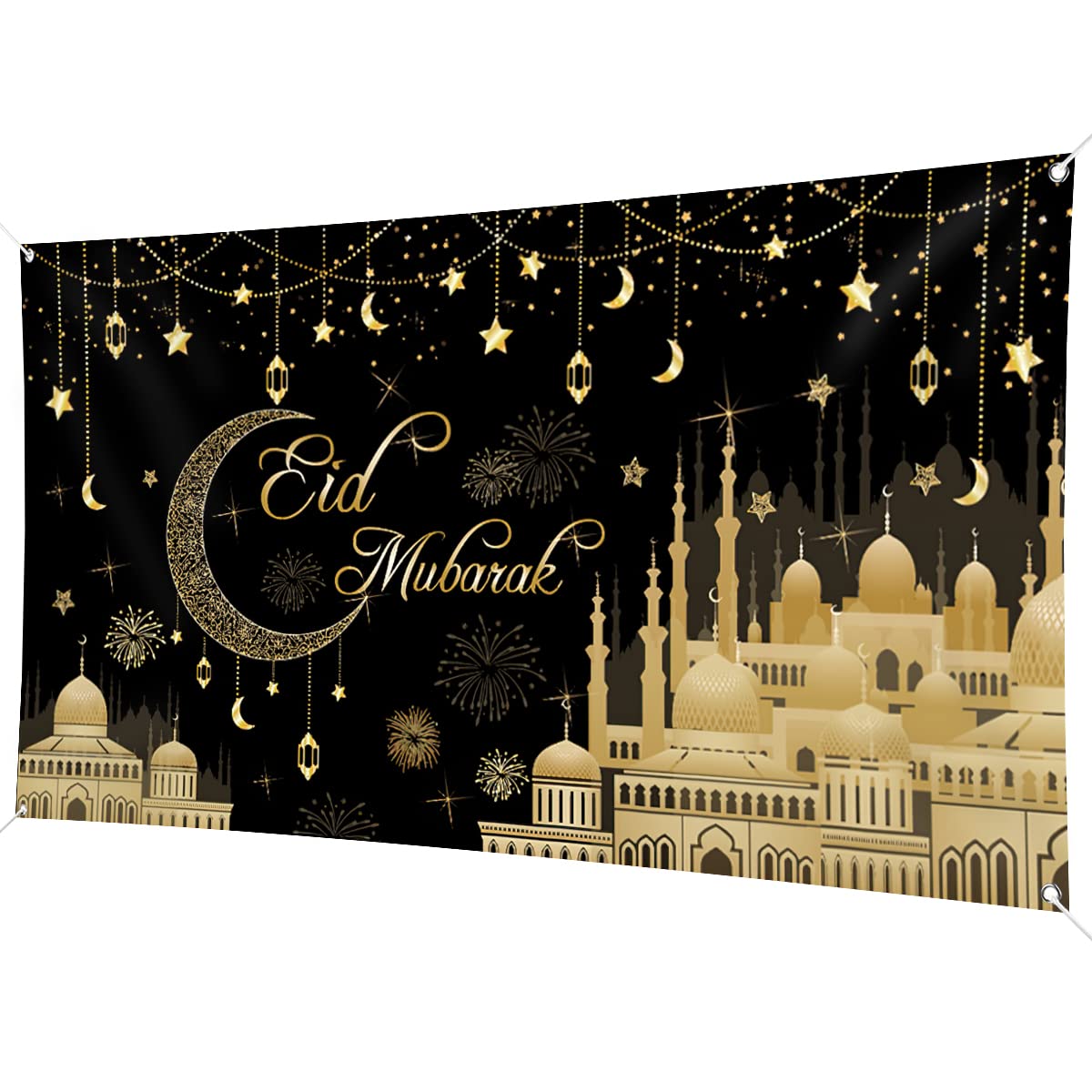 Aviski Eid Mubarak Banner 200 x 110 cm Black Background Banners Eid Party Decorations Supplies for Muslim Party Decorations Celebration