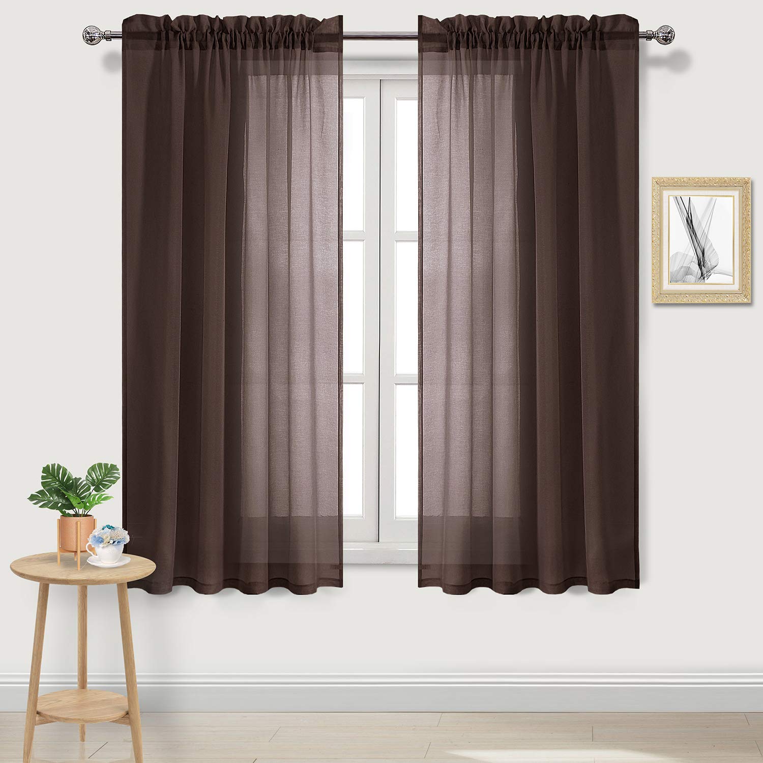 DWCN Brown Sheer Curtains Semi Transparent Voile Rod Pocket Curtains for Bedroom and Living Room, 52 x 63 inches Long, Set of 2 Panels