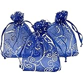 Ankirol 100pcs Sheer Organza Favor Bags For Wedding Baby Shower Rattan Print Gift Bags Samples Display Drawstring Pouches (3.5x4.5 inch, blue)