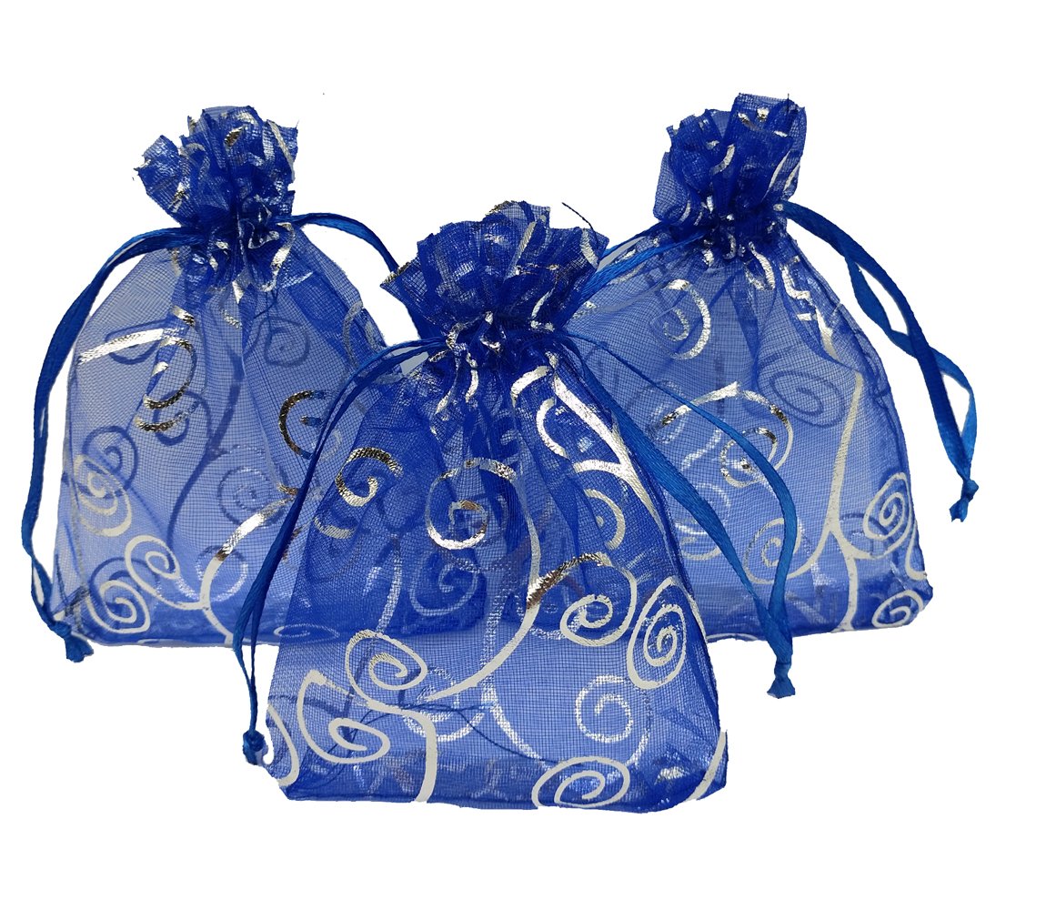 View 1 of Ankirol 100pcs Sheer Organza Favor Bags For Wedding Baby Shower Rattan Print Gift Bags Samples Display Drawstring Pouches (3x4 inch, blue)
