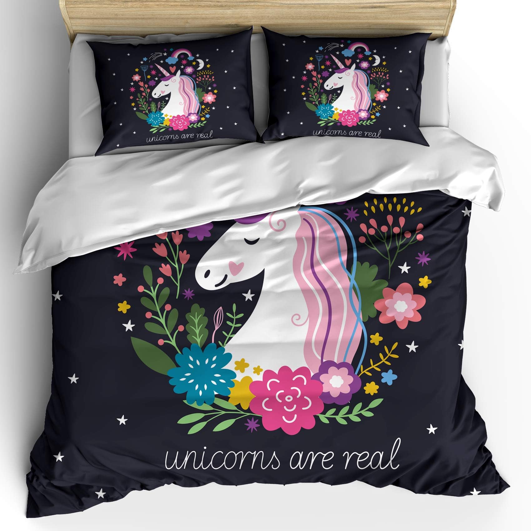 FEIDANNO Unicorn Decor Duvet Cover Set Queen Size,Unicorn Diamonds Wand Pattern Nursery Baby Girl Legendary Creature Print,Decorative 3 Piece Bedding Set with 2 Pillow Shams.(Pink,Queen)