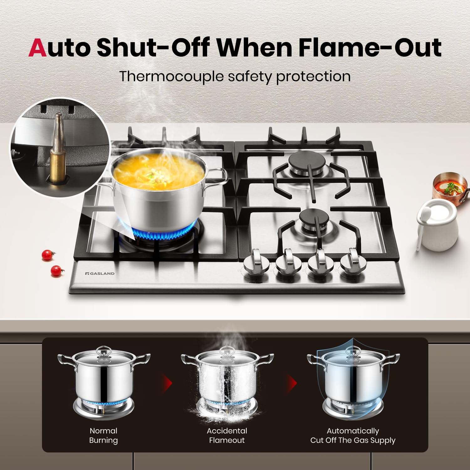 GASLAND 24 Inch Gas Cooktop 4 Burners GH60SFA Built-in Propane Stainless Steel Stove Top with Thermocouple Protection, LPG/NG Convertible Dual Fuel Natural Gas Hob, Stainless Steel