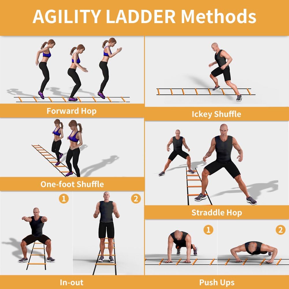 YISSVIC Agility Ladder and Cones 20 Feet 12 Adjustable Rungs Fitness Speed Training Equipment, 20 Feet Speed Agility 1 Carry Bags, 10 Cones, 4 Stakes, Basketball, Soccer, Football (Orange) : Sports & Outdoors