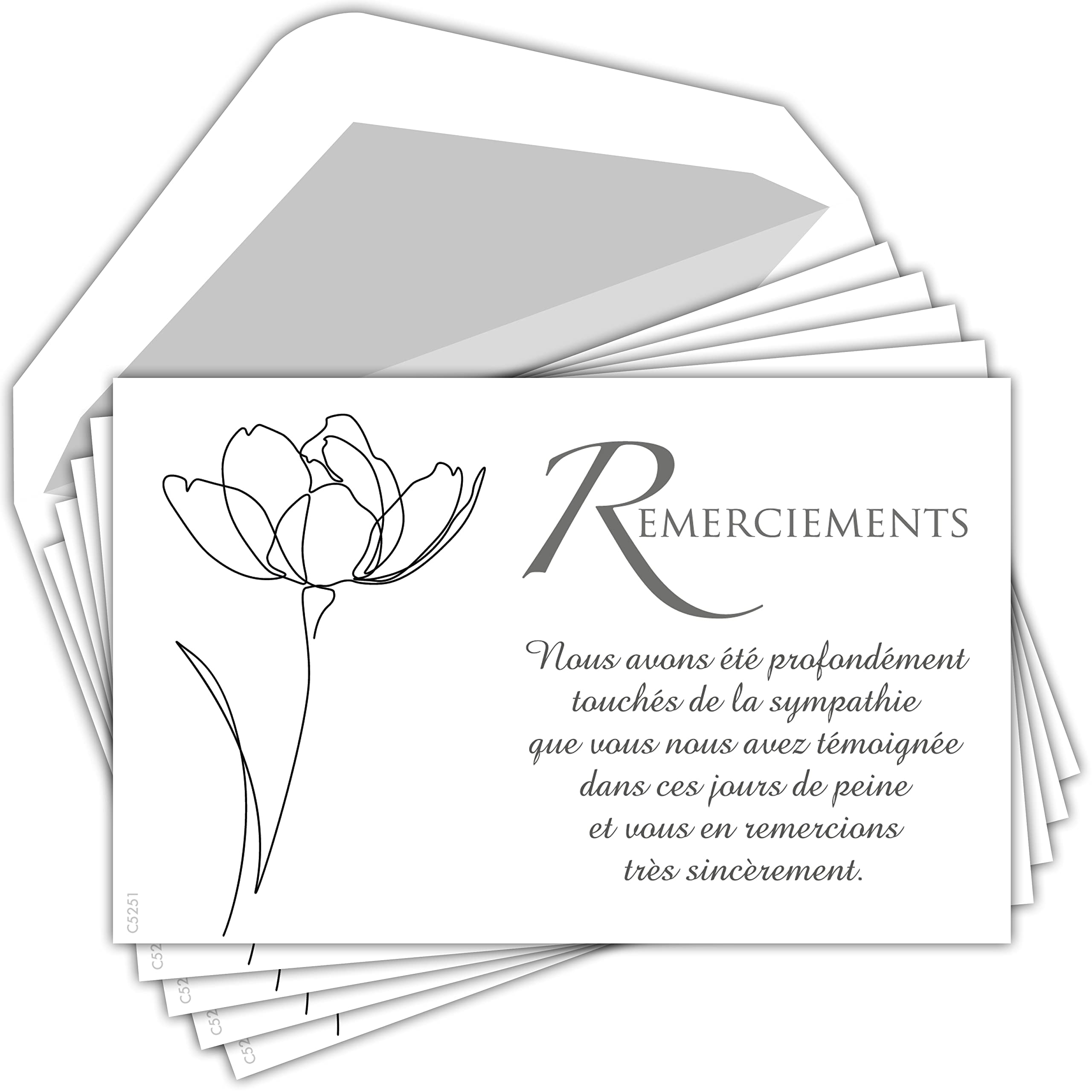 Afie Condolences Condolences Set of 5 Identical Cards + 5 White Envelopes Size 9 x 14 cm C5251 Text Sympathy Witnessed Punishment Funeral Death Mourning Flower Tulip Grey Pouch Made in France