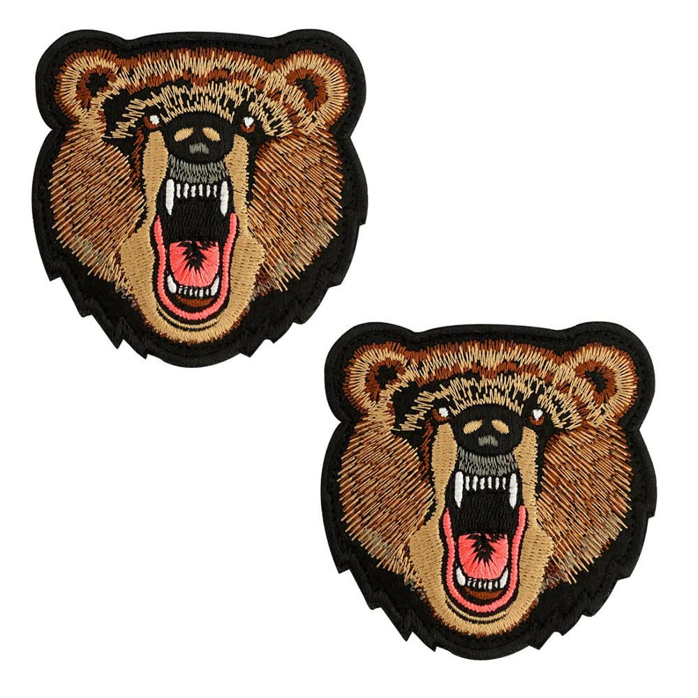 Zcketo 2 Pieces Growling Bear Head Angry Bear Embroidered Hook and Loop Patch Tactical Military Badge Armband Emblem Applique Sew On Patch for Dogs Backpack Cap Jacket Vest Bag Pouch(Bear)
