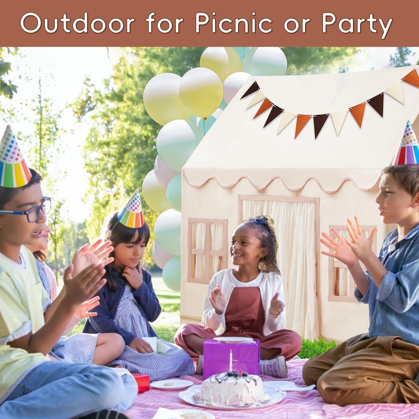 Play Tent with Padded Mat, Pennant Banners, Fairy Lights - Cream Kids Playhouse with Multiple Windows for Indoor and Outdoor, Large Play House Toys for Toddler, Boys and Girls