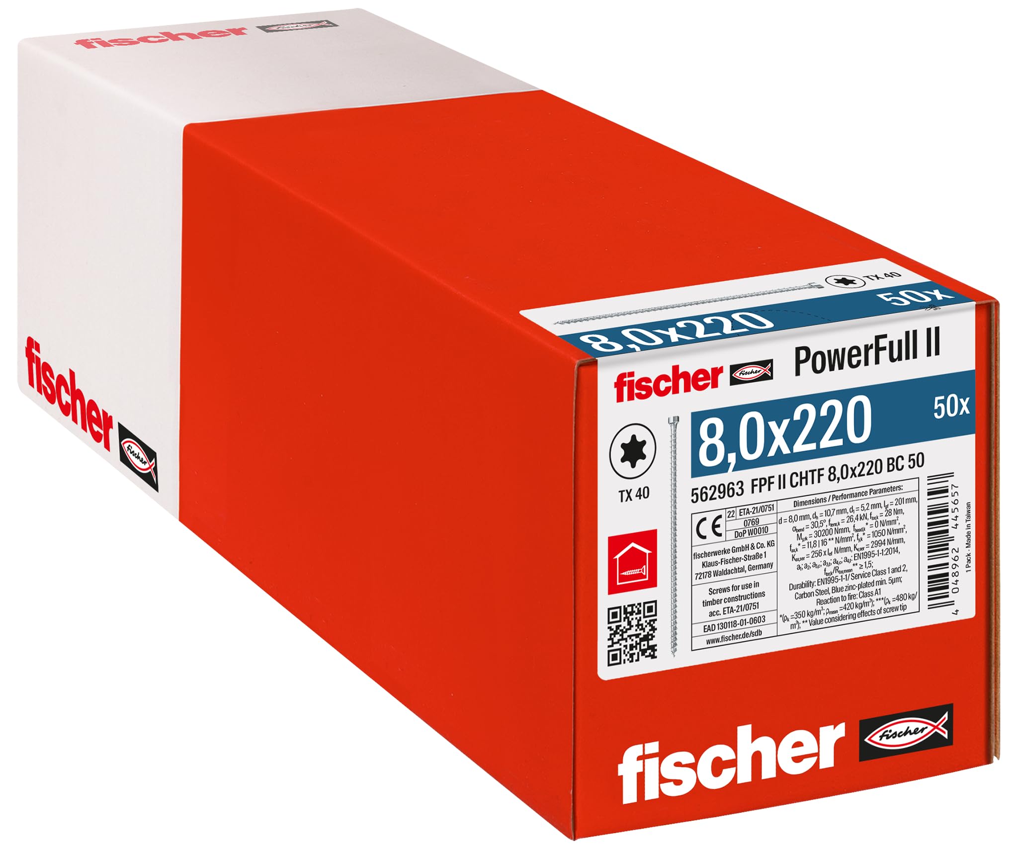 fischer PowerFull II 8.0 x 220 Premium Fully Threaded Screw (Pack of 50) with Innovative Tip Geometry, Steel Screw for Supporting Wooden Constructions with Cylinder Head, Reduces Splitting Risk โ image 1