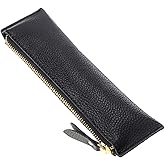 BTSKY Genuine Leather Pencil Case - Zippered Pen Case Stationery Bag Zipper Pouch Pencil Holder (New Black)