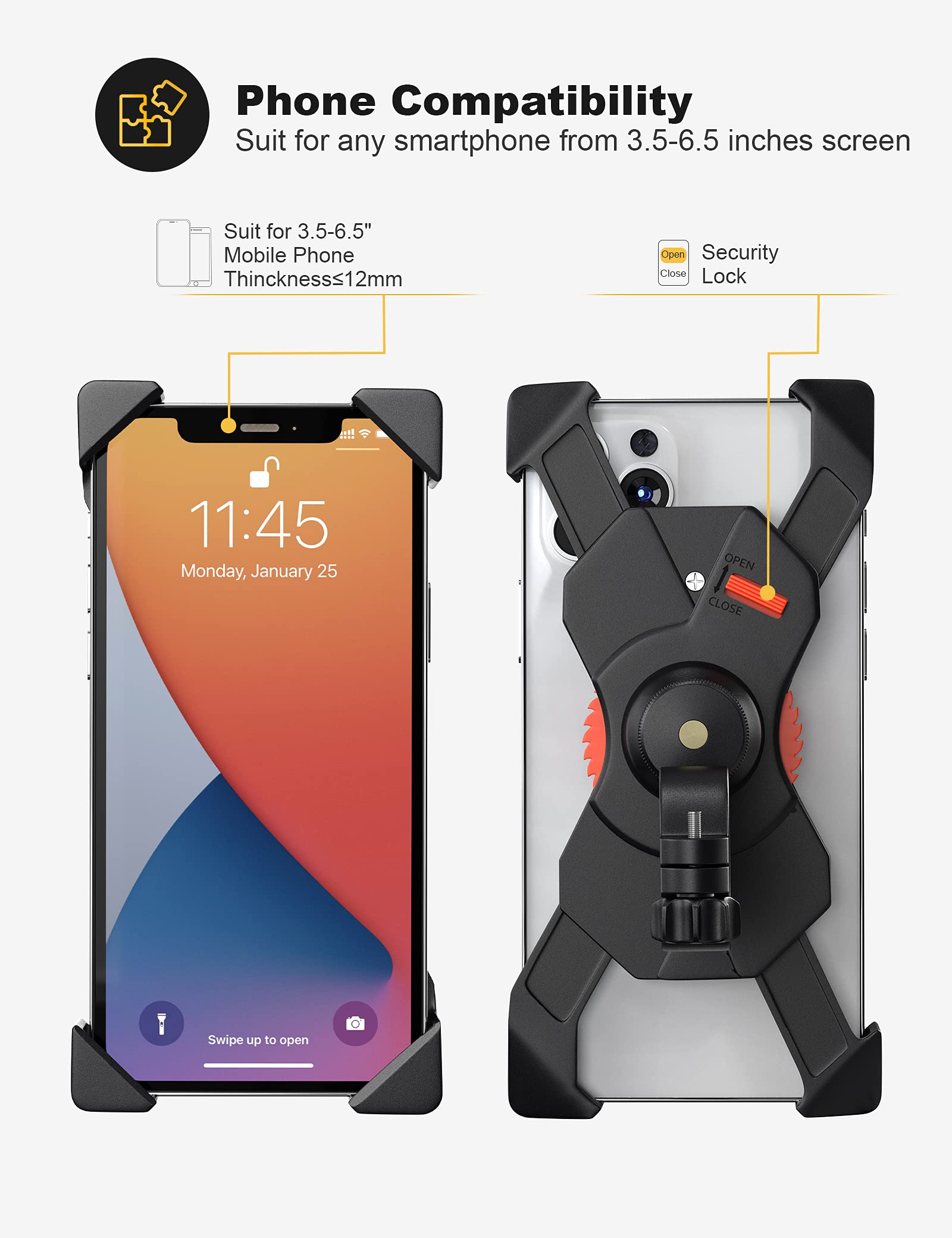 Bike Phone Holder, Motorcycle Phone Holder with Handlebar Clamp for Bicycle, Suitable with iPhone 16 15 14 Pro Max Plus/13 12 11 Pro Max Mini, XS XR X, SE/3.5-6.5 Inch Smartphone, 360 Rotatable