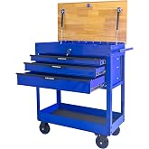 Aokleo 3-Drawer Rolling Tool Cart with Top, Heavy Duty Lockable Mechanic Tool Chest on Wheels, Lift-Up Top Storage Cabinet with Bottom Shelf for Garage (Blue, Wood Top - 3 Drawers)
