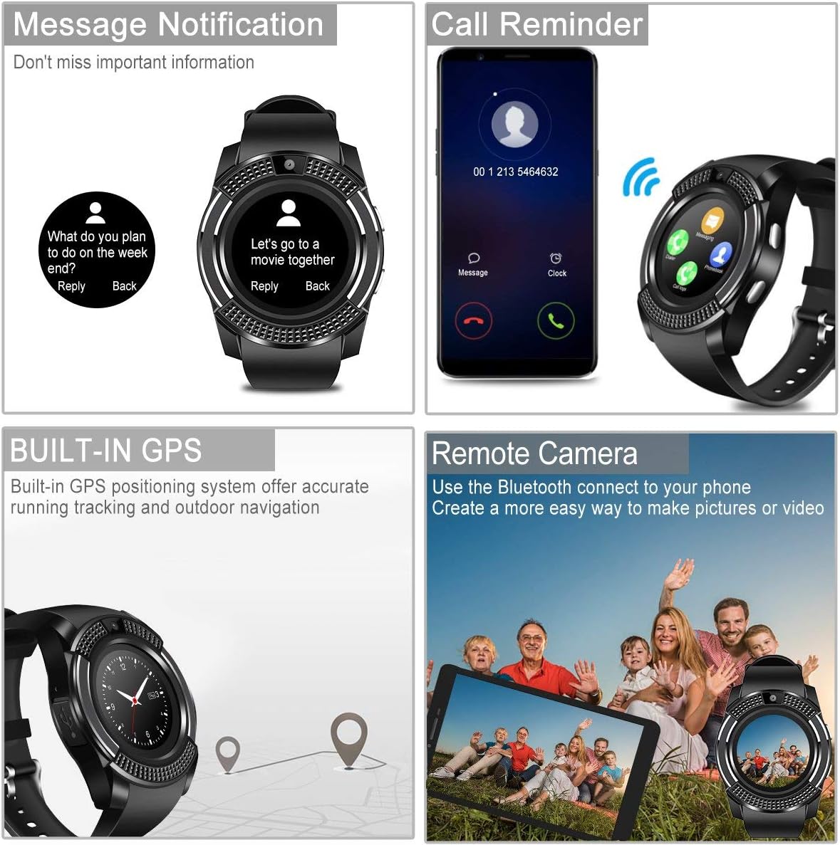 V8 Smartwatch Fitness Watch Wrist Phone Watch Touch Screen IP67 Waterproof Fitness Tracker with Heart Rate Monitor Pedometer Sports Activity Tracker ...