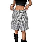 MakeMeChic Women's Gingham Print Shorts Wide Leg Pleated Summer Y2K Shorts with Pocket