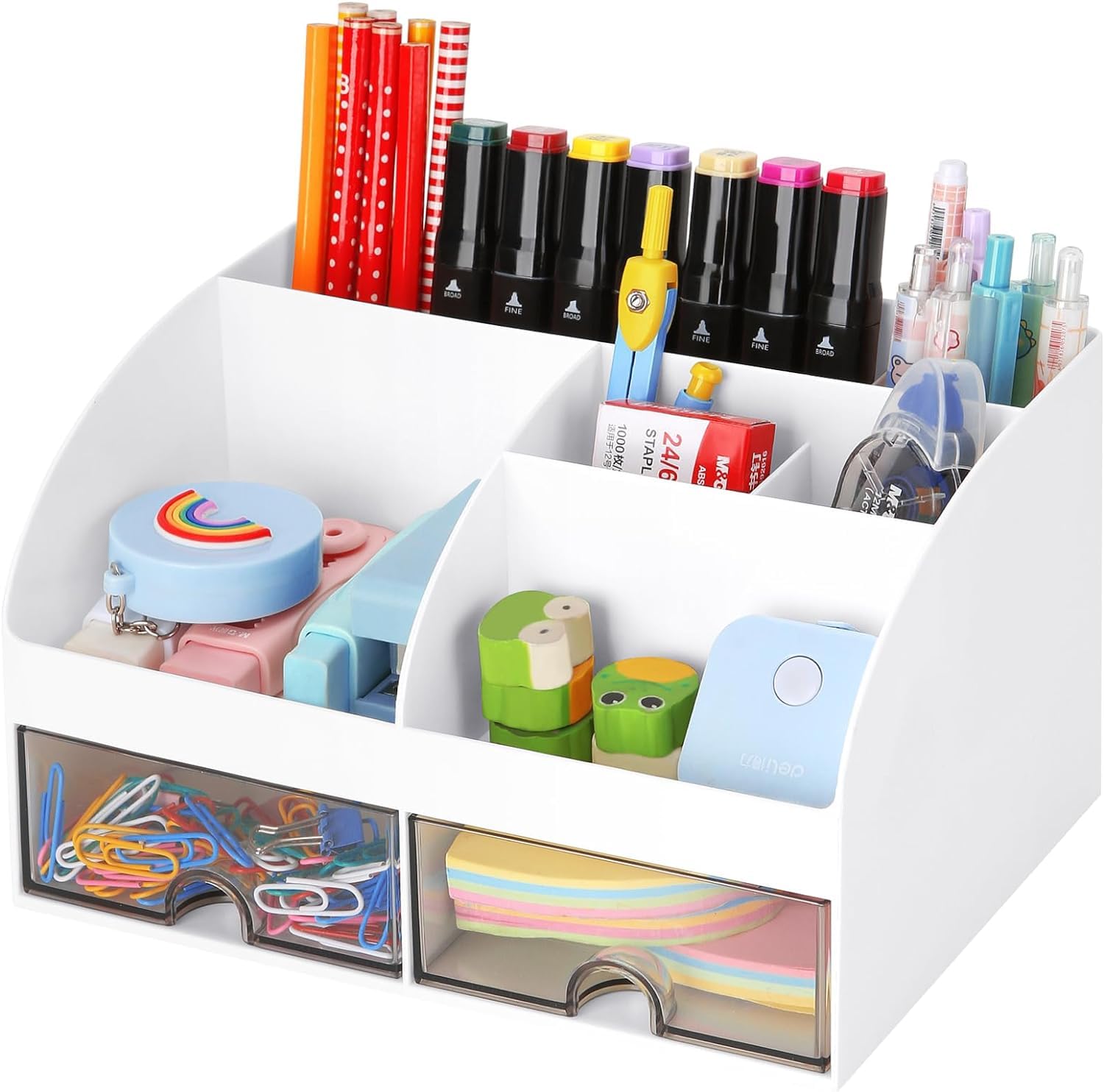 KAHEIGN Desk Organiser with 2 Drawers, 19CM x 14CM Multi-Functional Desk Tidy Organiser Large Capacity Pen Holder Makeup Organizer for Kids Teacher Gift Office School Home Table Decor (White)