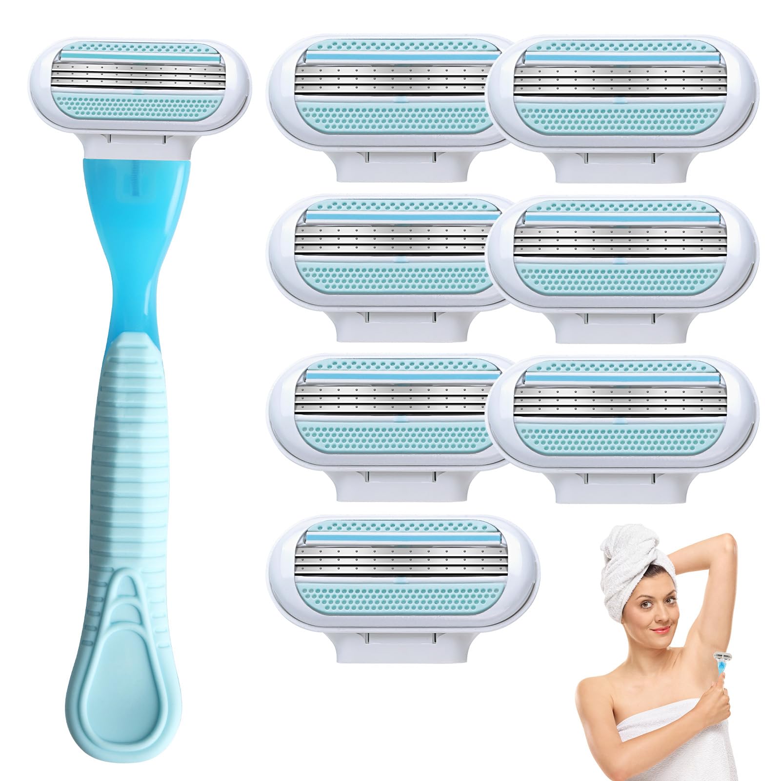 8 Pcs Women's Razor Blades Refills With blue handle, Compatible with Gillette Venus Smooth Razor, 3 Layer Blade & Pivoting Head, Washable Easy to Replace Deliver an Extra Smooth Shave that Lasts