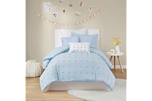 Urban Habitat Duvet Set 100% Cotton Jacquard, Tufts Accent, Shabby Chic All Season Cover for Comforter, Matching Shams, Decorative Pillows, Twin/Twin XL (68 in x 92 in), Blue 5 Piece
