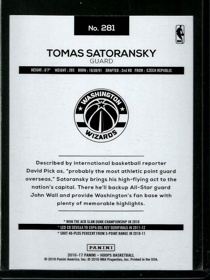 Amazon Com 2016 17 Hoops Basketball 281 Tomas Satoransky Rc Rookie Card Washington Wizards Official Nba Trading Card From Panini America Collectibles Fine Art