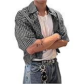 GORGLITTER Men's Gingham Cropped Shirt Short Sleeve Button Down Shirts