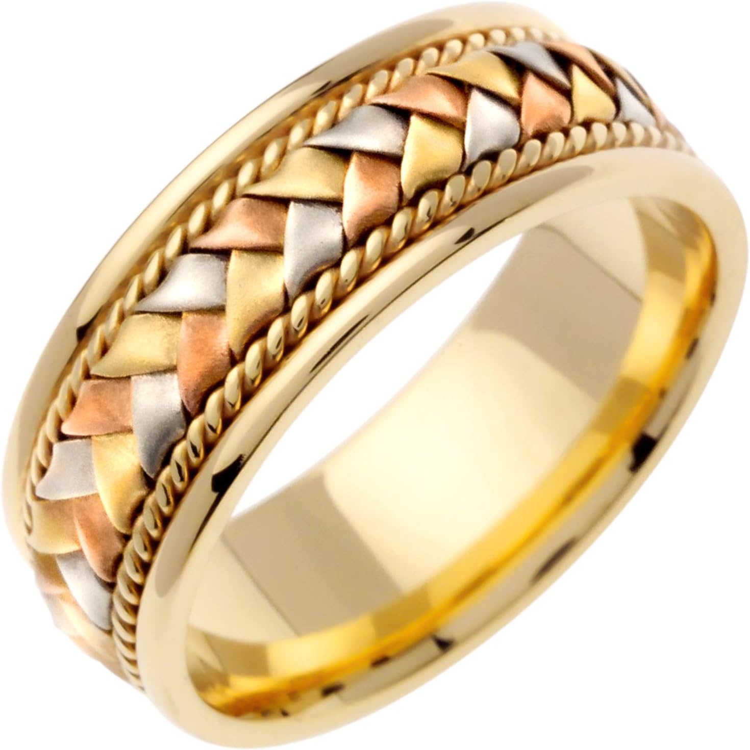 14K Tri Color Gold Braided Basket Weave Men's Comfort Fit Wedding Band (8.5mm)