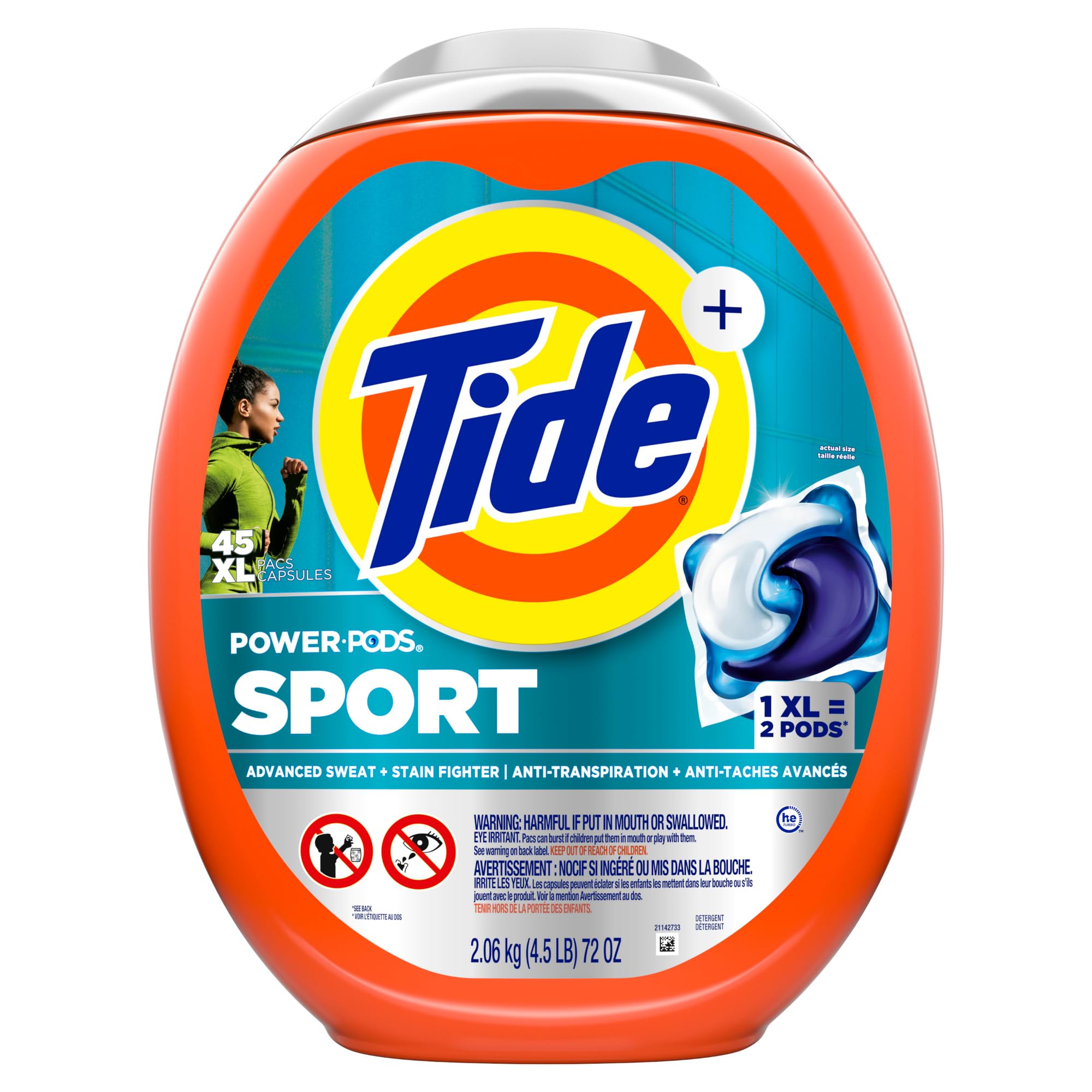 Tide Power Pods Sport Laundry Detergent Pacs, 45 Count, Advanced Sweat + Stain Fighter
