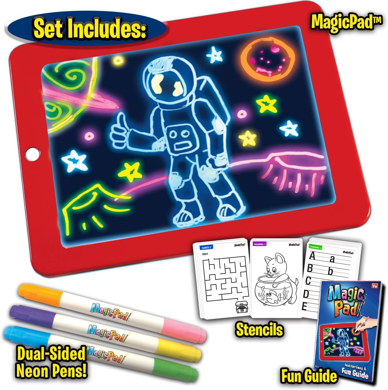 TRENDBUY™ Magic Sketch Drawing Pad | Light Up LED Glow Board | Draw, Sketch, Create, Doodle, Art, Write, Learning Tablet | Includes 3 Dual Side Markets, 30 Stencils and 8 Colorful Effects for Kids