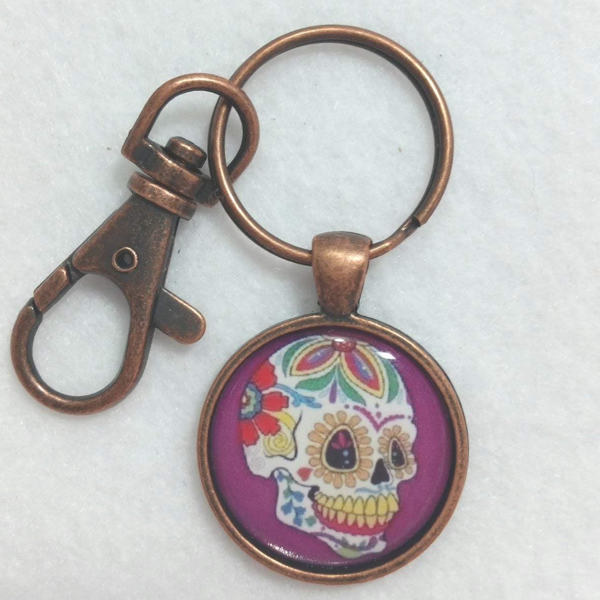 Sugar Skull Keychain Day of the Dead Key Ring Purple FOB Accessory Lobster Claw