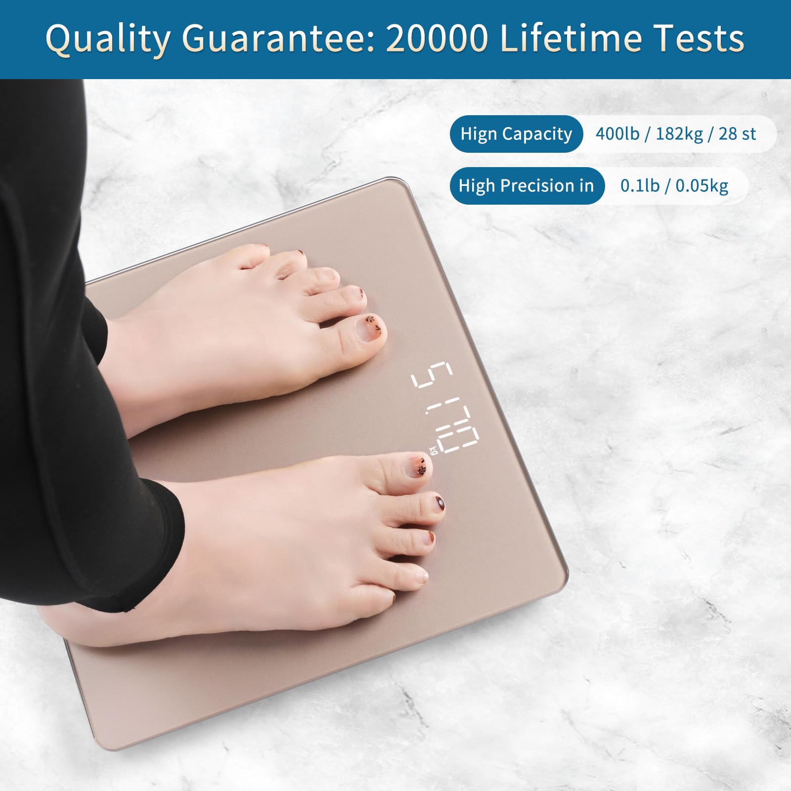 HomeBuds Digital Bathroom Scale for Body Weight, High Precision Assured by Weight Scale Professional Factory Since 2001, Bright White LED and Step-On, 3*AAA Batteries Included, 400lb/182kg, Rose Gold