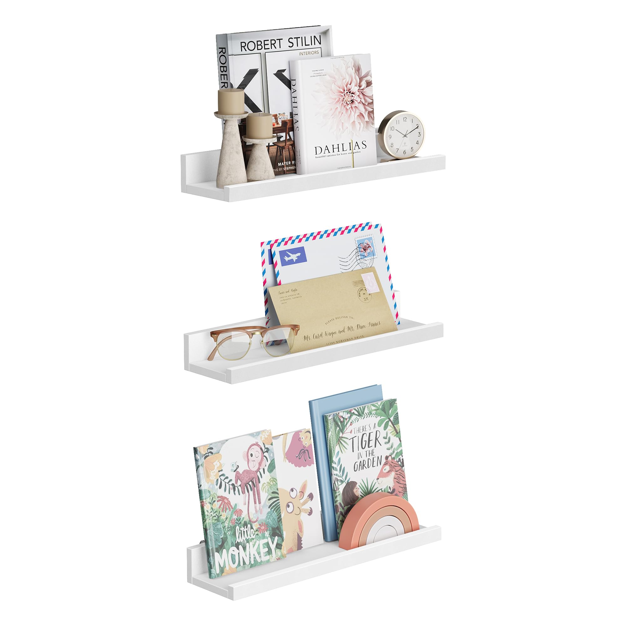 SONGMICS Wall Shelf 3 Set Floating Shelves Ledge for Picture Frames and Books, 38 x 10 cm, MDF White LWS38WT